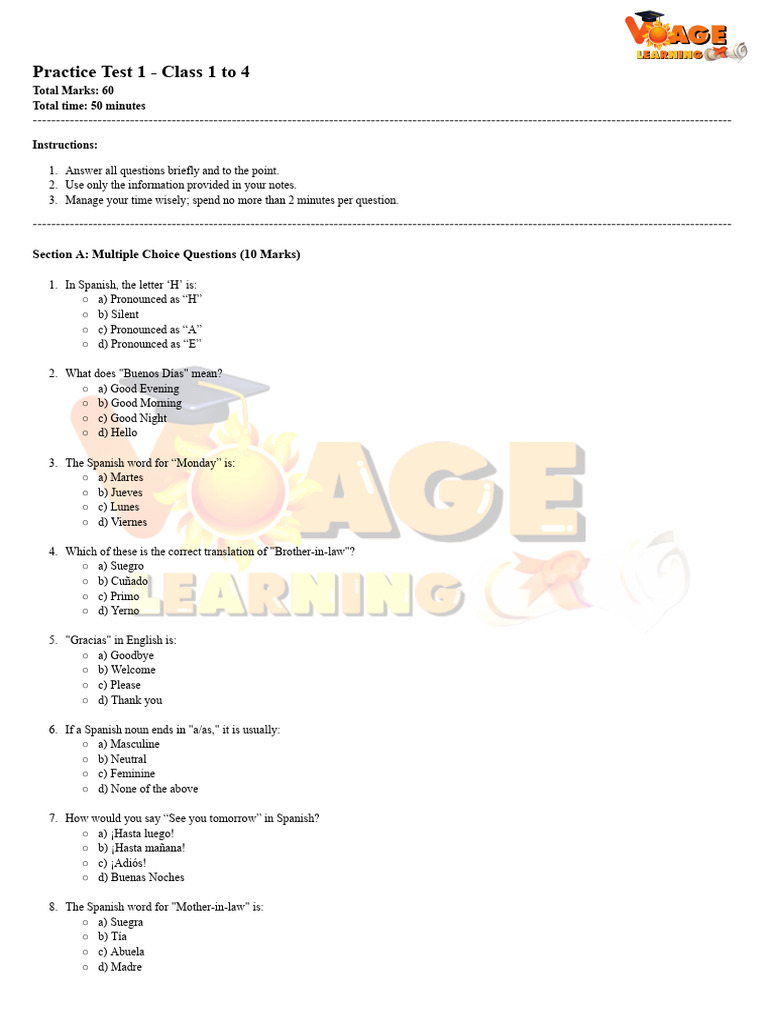 Spanish Practice Test for Grades 1-4 | PDF | Languages | Foreign ...