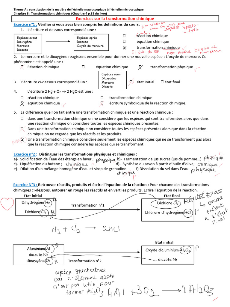 Exercices sur les Transformations Chimiques | PDF | Chimie | Réactions ...