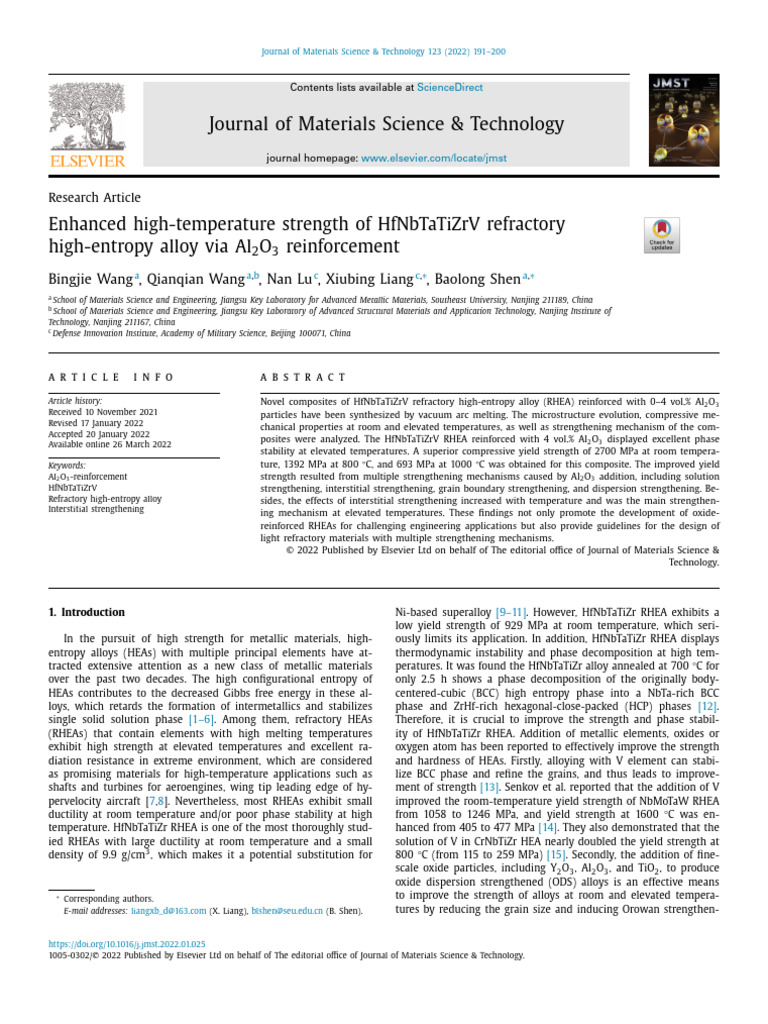 Enhanced High-Temperature Strength of HfNbTaTiZrV Refractory High ...