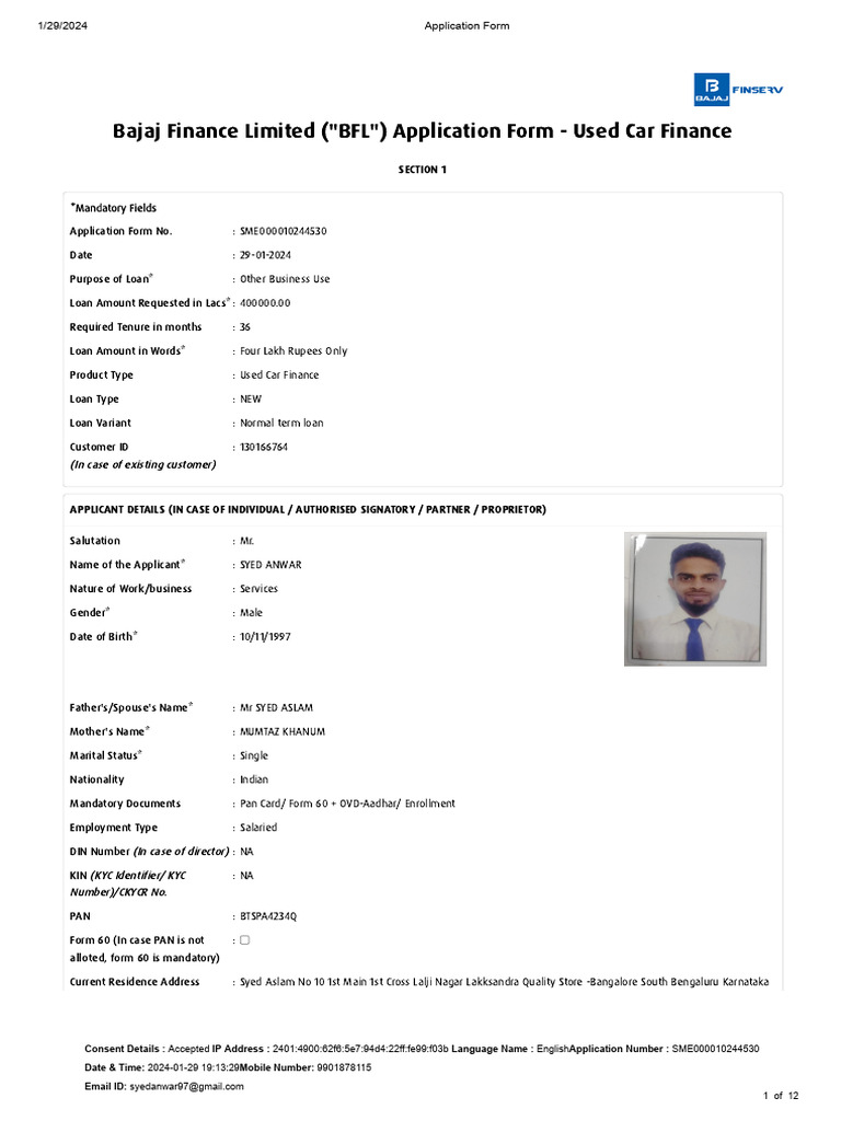 Bajaj Finance Used Car Loan Application | PDF | Loans | Money