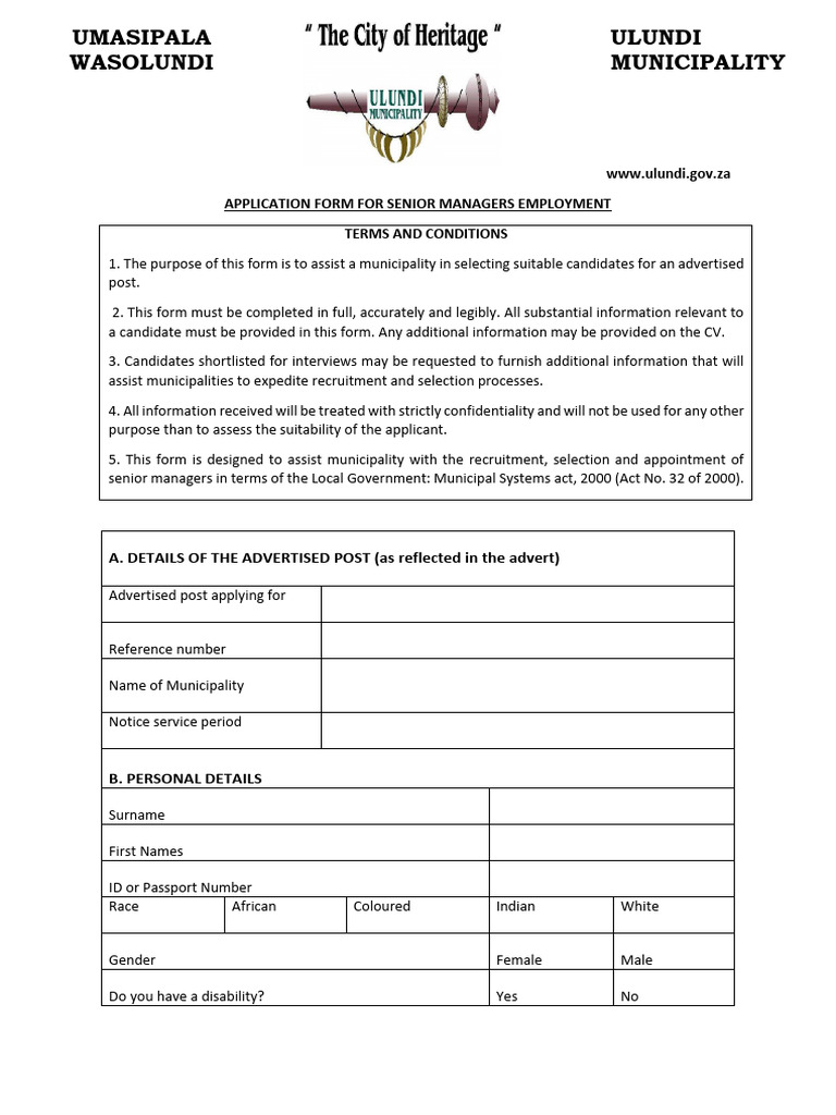 Ulundi Municipality Senior Manager Application | PDF | Recruitment ...
