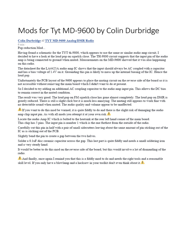 TYT MD-9600 Audio Mod Guide | PDF | Amplifier | Capacitor