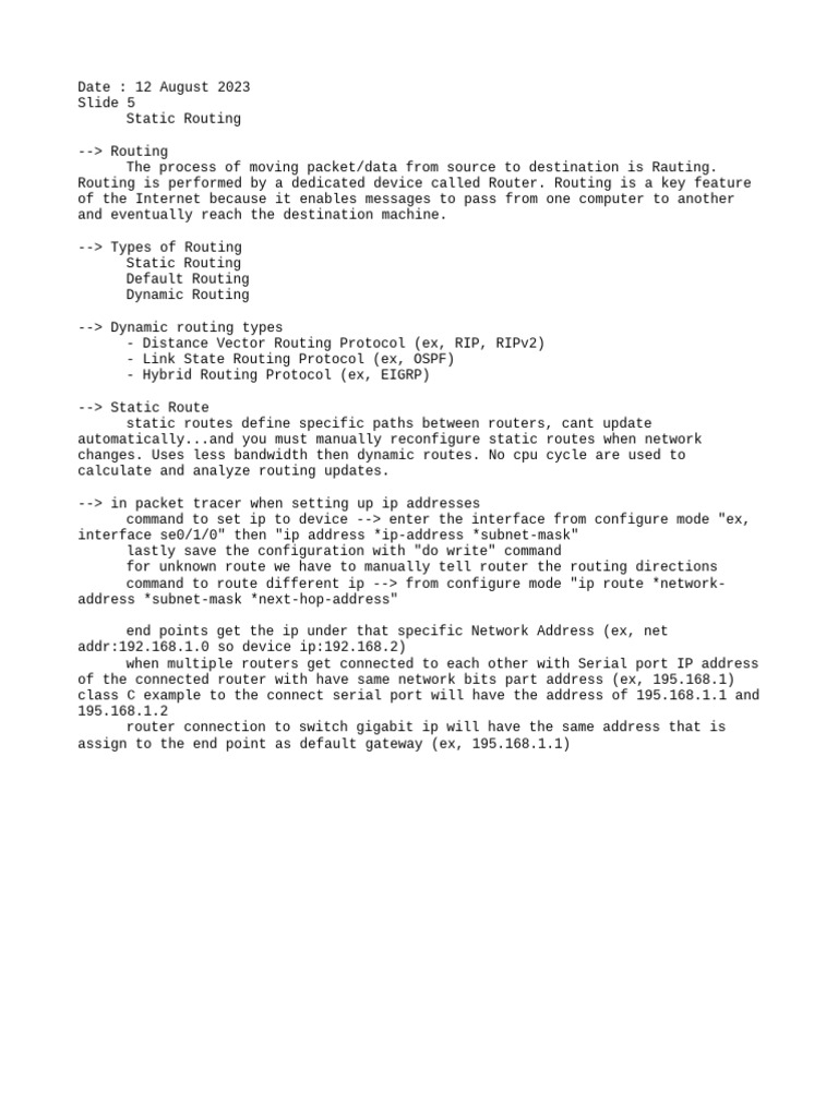 Static Routing and IP Configuration Guide | PDF