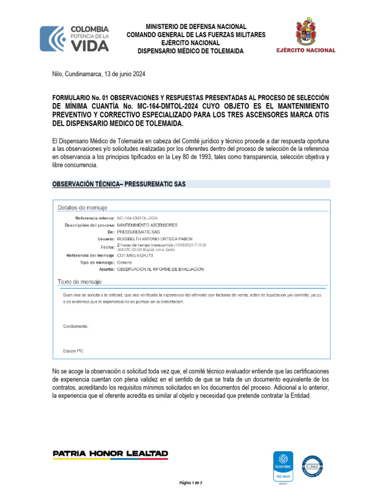 FORMULARIO RESPUESTAS No. 1 MC 164 | PDF | Derecho