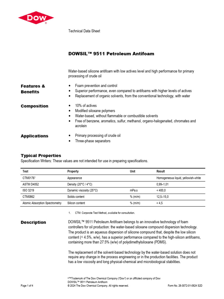 26 3072 01 Dowsil 9511 Petroleum Antifoam | PDF | Petroleum | Chemical ...