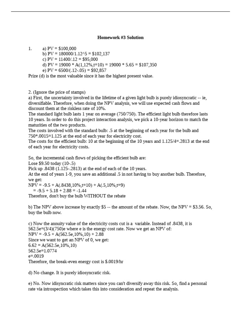 Homework 3 Solutions: NPV and Valuation | PDF | Stocks | Net Present Value