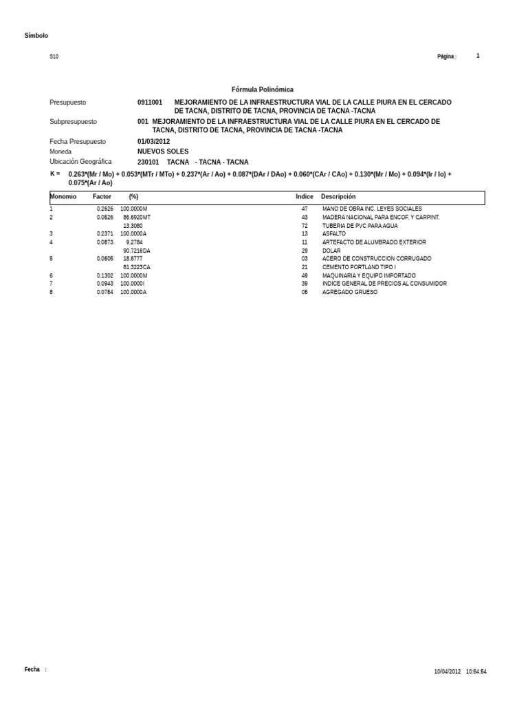 Presupuesto para Infraestructura Vial en Tacna | PDF