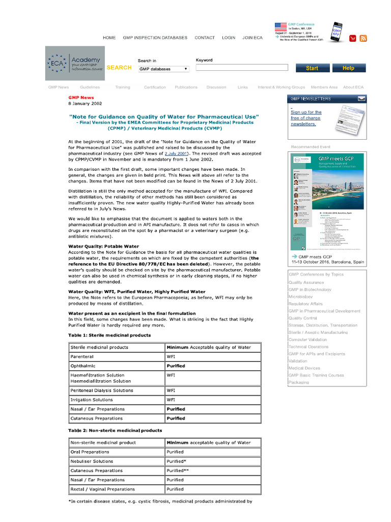 GMP News - Note For Guidance On Quality of Water For Pharmaceutical Use ...