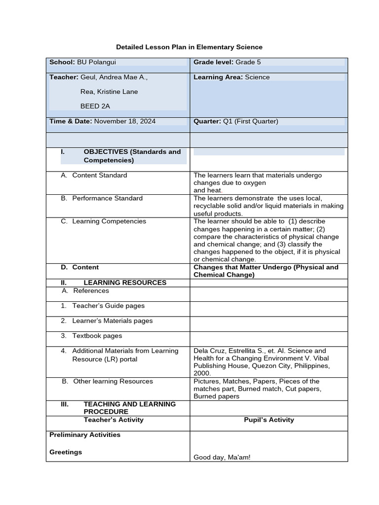 Grade 5 Science Lesson Plan: Matter Changes | PDF | Teachers