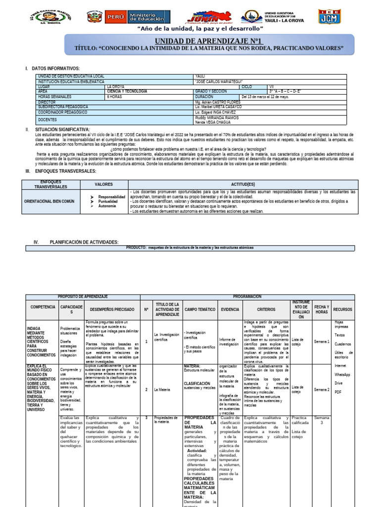 Primera Unidad de Aprendizaje - 3ro | PDF | Importar | Moléculas