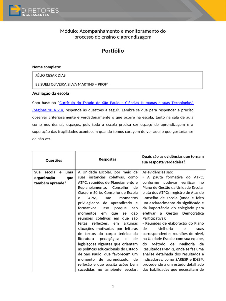 Portfolio - Acompanhamento e Monitoramento Do Processo de Ensino e de ...