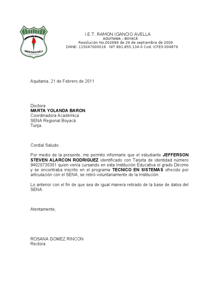 carta retiro  Aprendizaje
