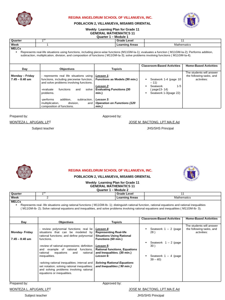 Grade 11 General Mathematics Weekly Plan | PDF | Function (Mathematics ...