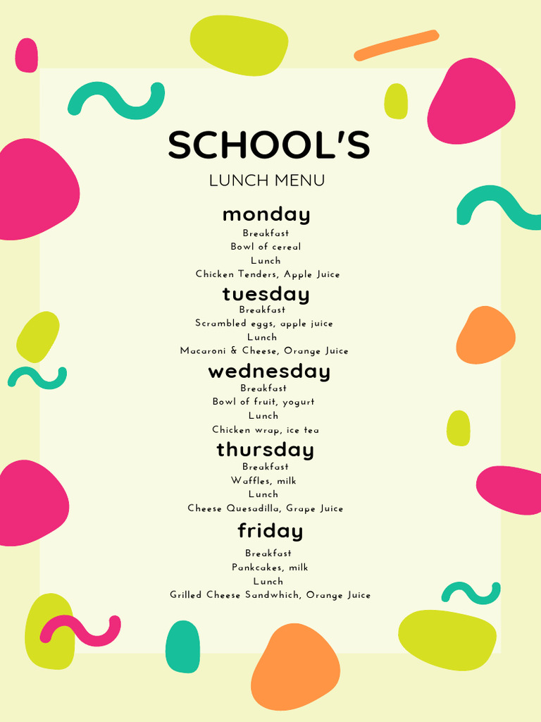 Colorful Shapes School Lunch Menu PDF | PDF