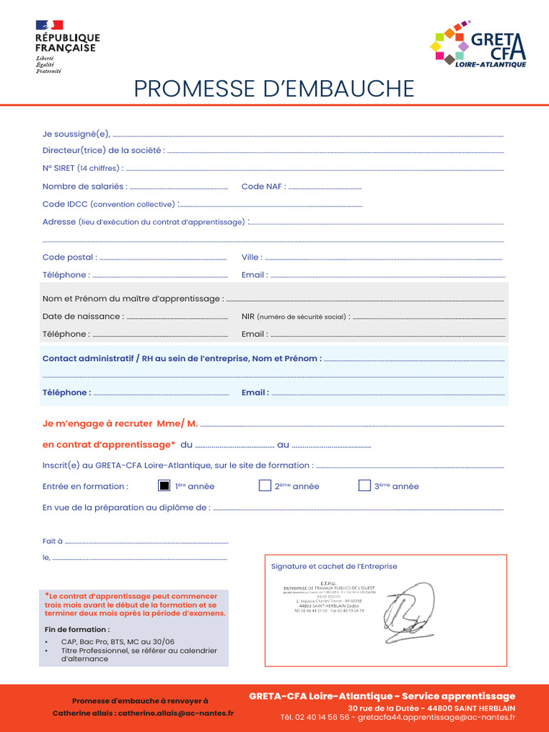 Modèle de promesse d'embauche apprentissage | PDF