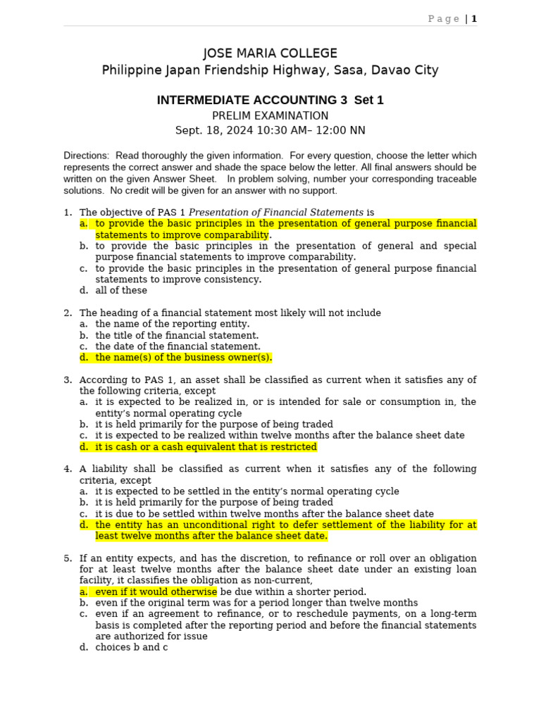 Prelim Exam Set 1 | PDF | Income Statement | Expense