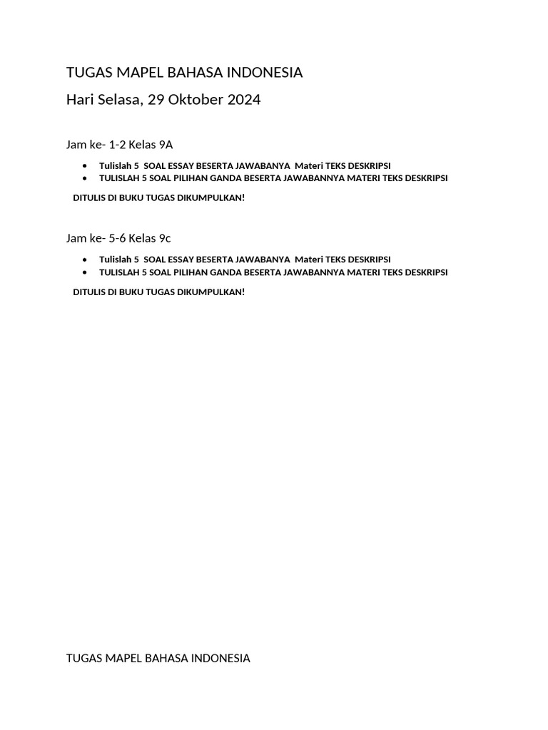 Tugas Bahasa Indonesia Kelas 8 dan 9 | PDF
