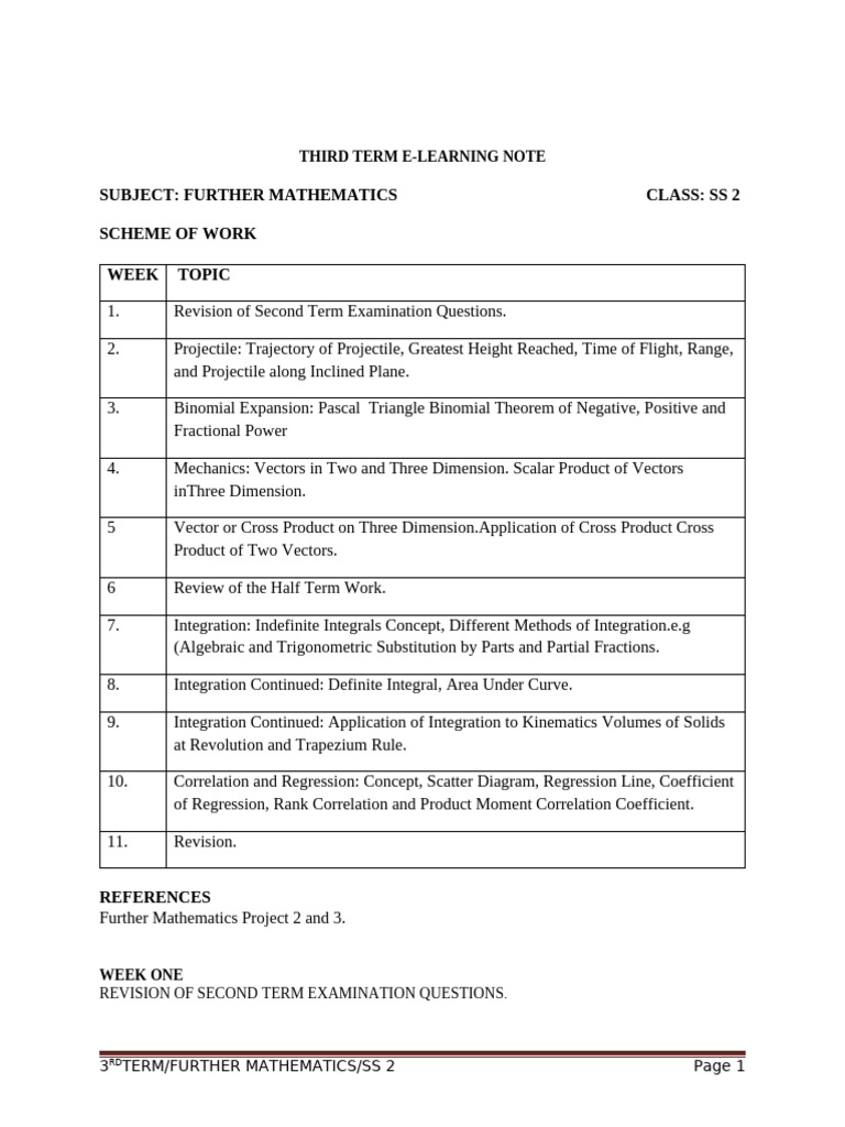 Further Mathematics SS2 Third Term Plan | PDF | Euclidean Vector | Integral