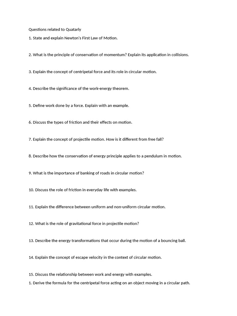 Practice Questions For NLM and Work Energy | PDF | Force | Velocity