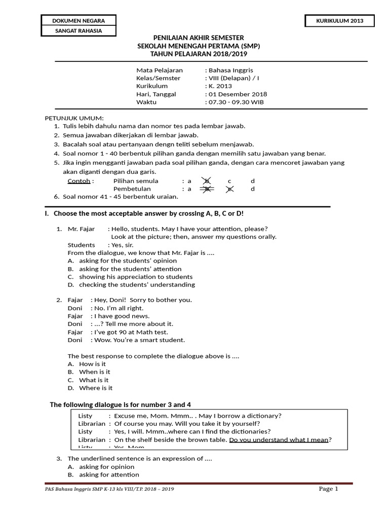 UAS Bahasa Inggris Kelas VIII SMP 2018 | PDF | Language Arts & Discipline
