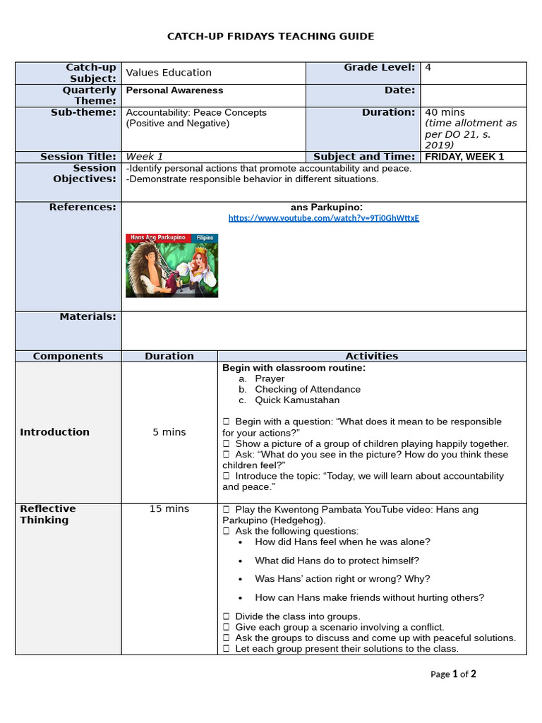 Values Education: Accountability Lesson 1 | PDF | Reinforcement | Teachers