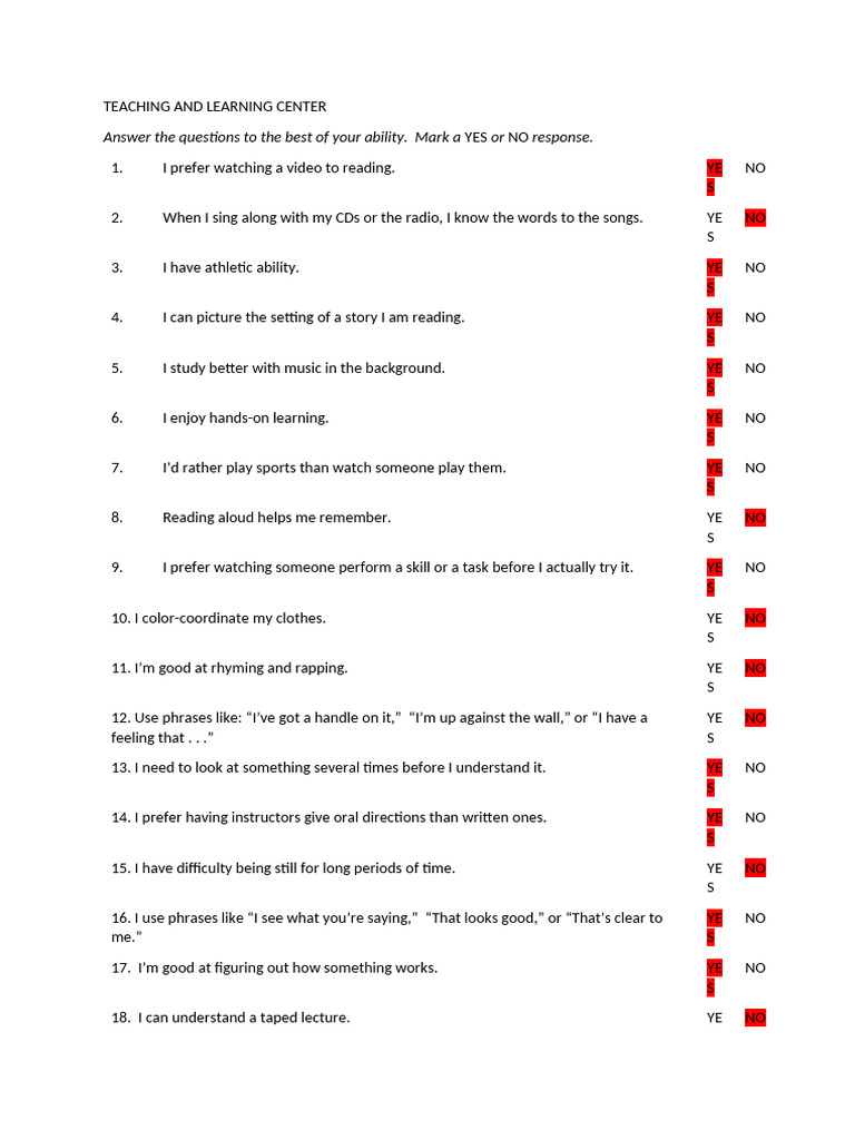 Learning Style Assessment Questionnaire | PDF | Learning | Cognition