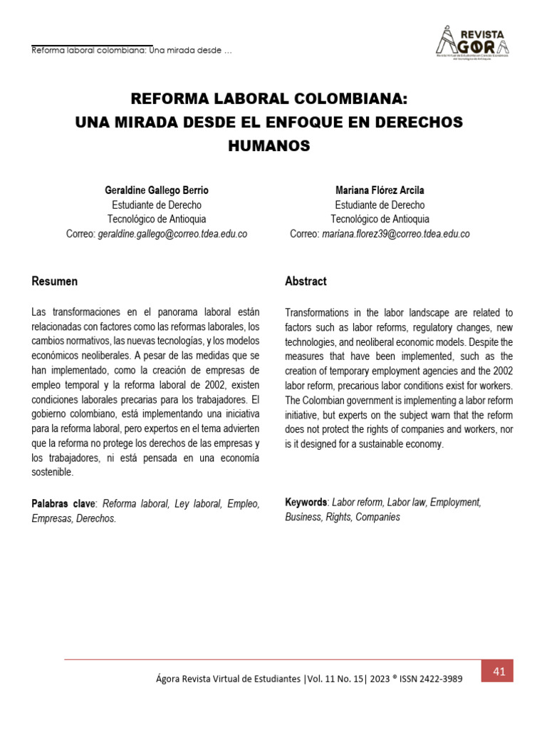 Reforma Laboral en Colombia y Derechos Humanos | PDF | Derecho laboral ...
