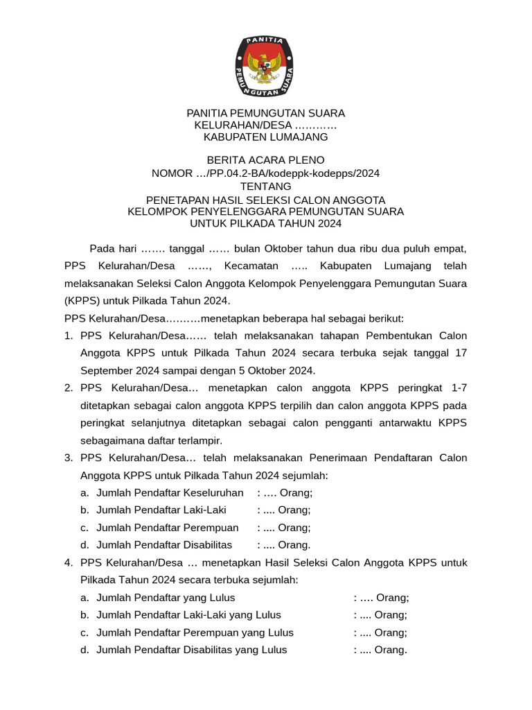 Hasil Seleksi KPPS Pilkada 2024 Lumajang | PDF