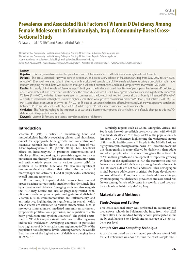 Vitamin D Deficiency in Iraqi Adolescents | PDF | Vitamin D | Sunscreen