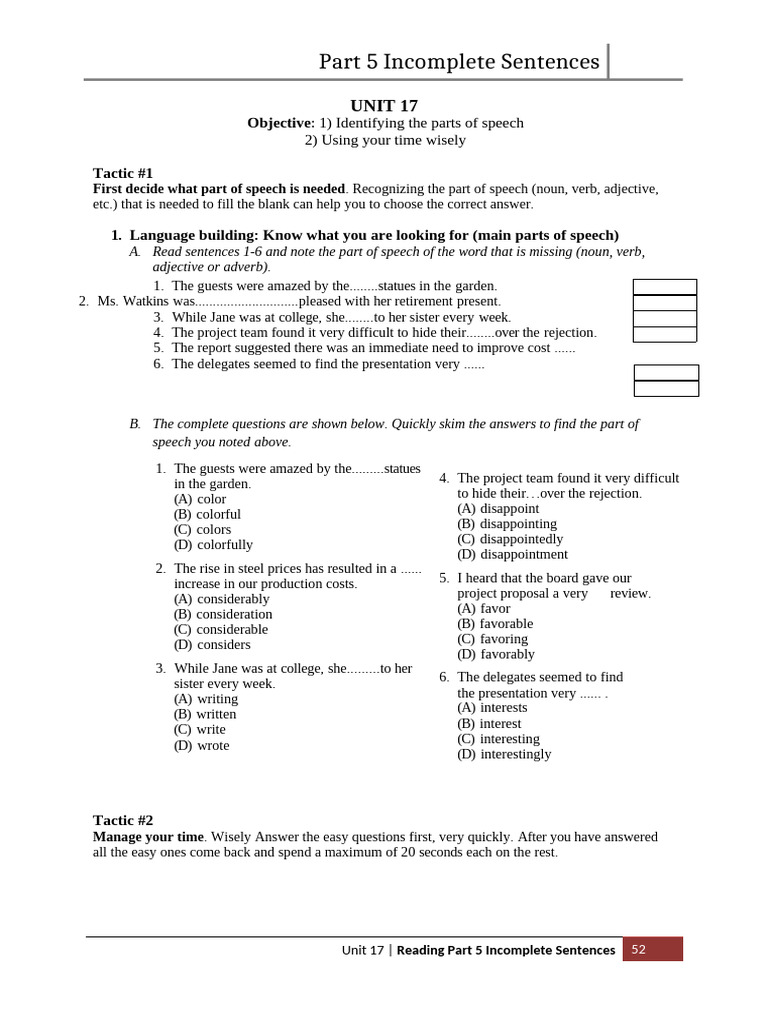 Part 5 Incomplete Sentences: Unit 17 | PDF | Part Of Speech | Adjective