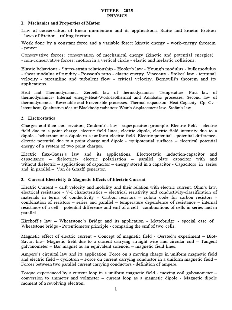 VITEEE 2025 Physics Syllabus Overview | PDF | Electromagnetic Induction ...