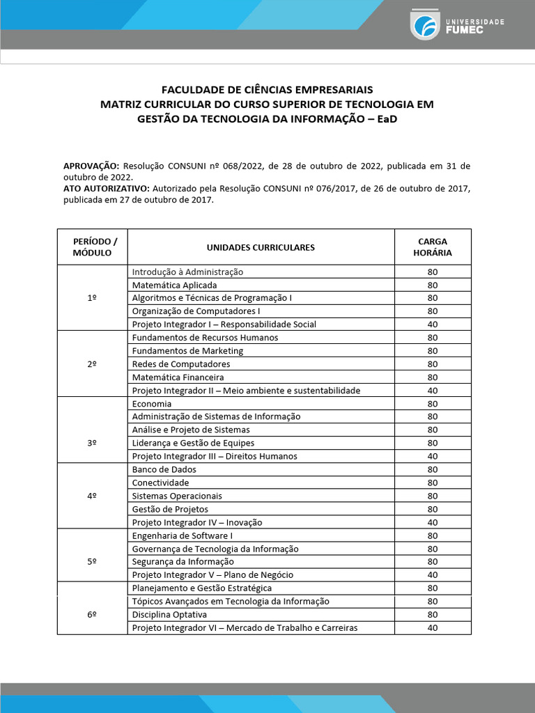 Matriz Curricular de Gestão da TI EaD | PDF | Tecnologia da Informação ...