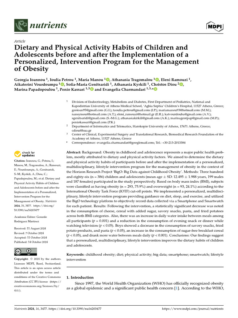 Dietary and Physical Activity Habits of Children A | PDF | Body Mass ...