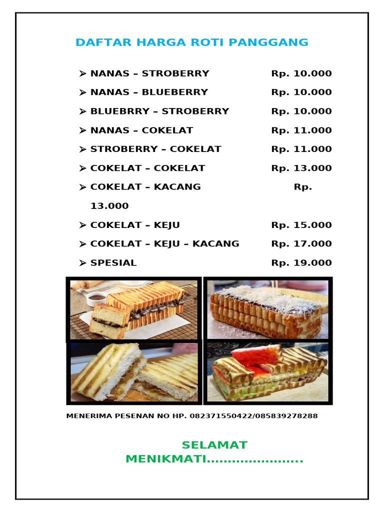 Daftar Harga Roti Panggang 2024 | PDF