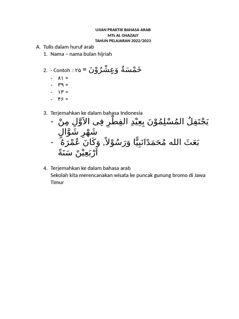 Ujian Praktik Bahasa Arab MTs Al Ghazaly | PDF | Sains & Matematika