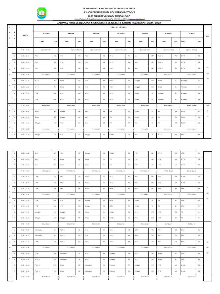 Jadwal Belajar SMP Tunas Nusa 2024/2025 | PDF