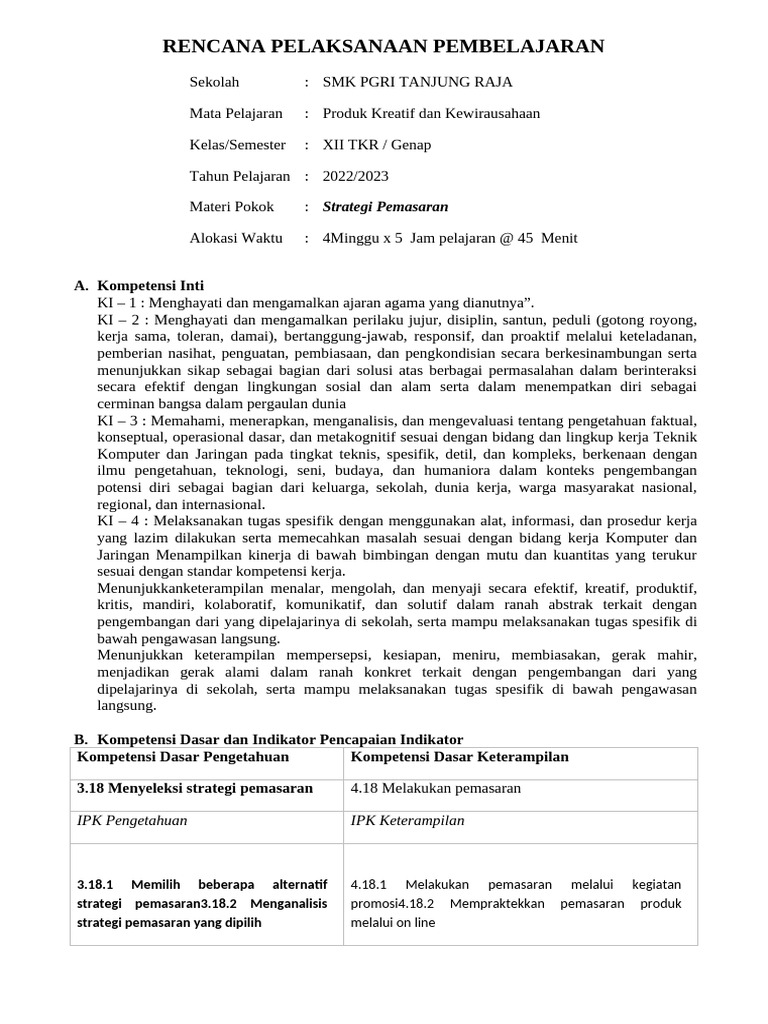 KD 18 RPP Strategi Pemasaran | PDF