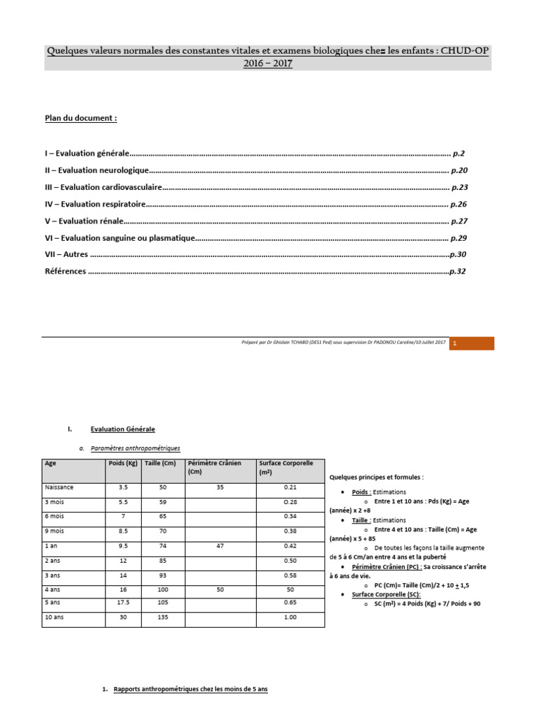 Constantes Vitales Enfant CHUD-OP 2016-2017 | PDF | Indice de masse ...