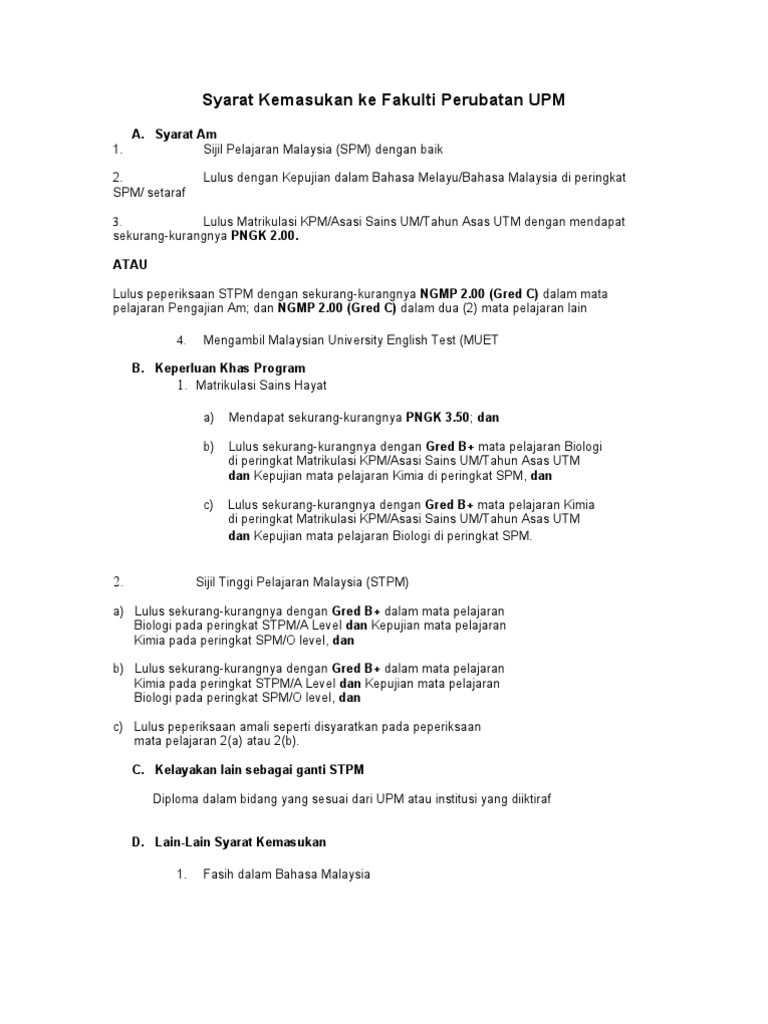Syarat Kemasukan Ke Fakulti Perubatan UPM  PDF