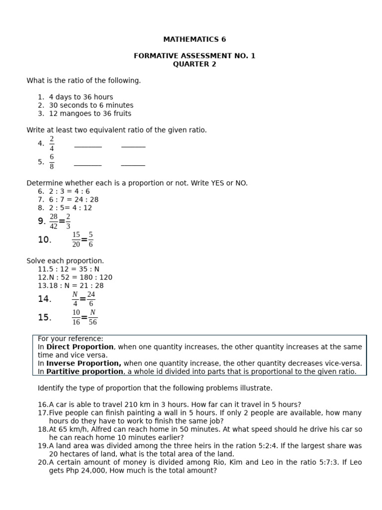 Formative No. 1 Mathematics Quarter 2 Grade 6 | PDF | Ratio | Quantity