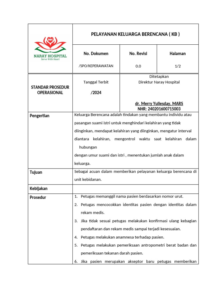 Prosedur Pelayanan KB di Naray Hospital | PDF | Sains & Matematika