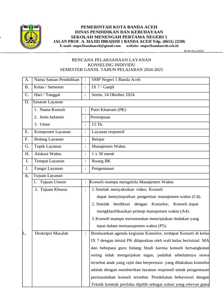 RPL Konseling Individu Manajemen Waktu | PDF | Bisnis | Seni