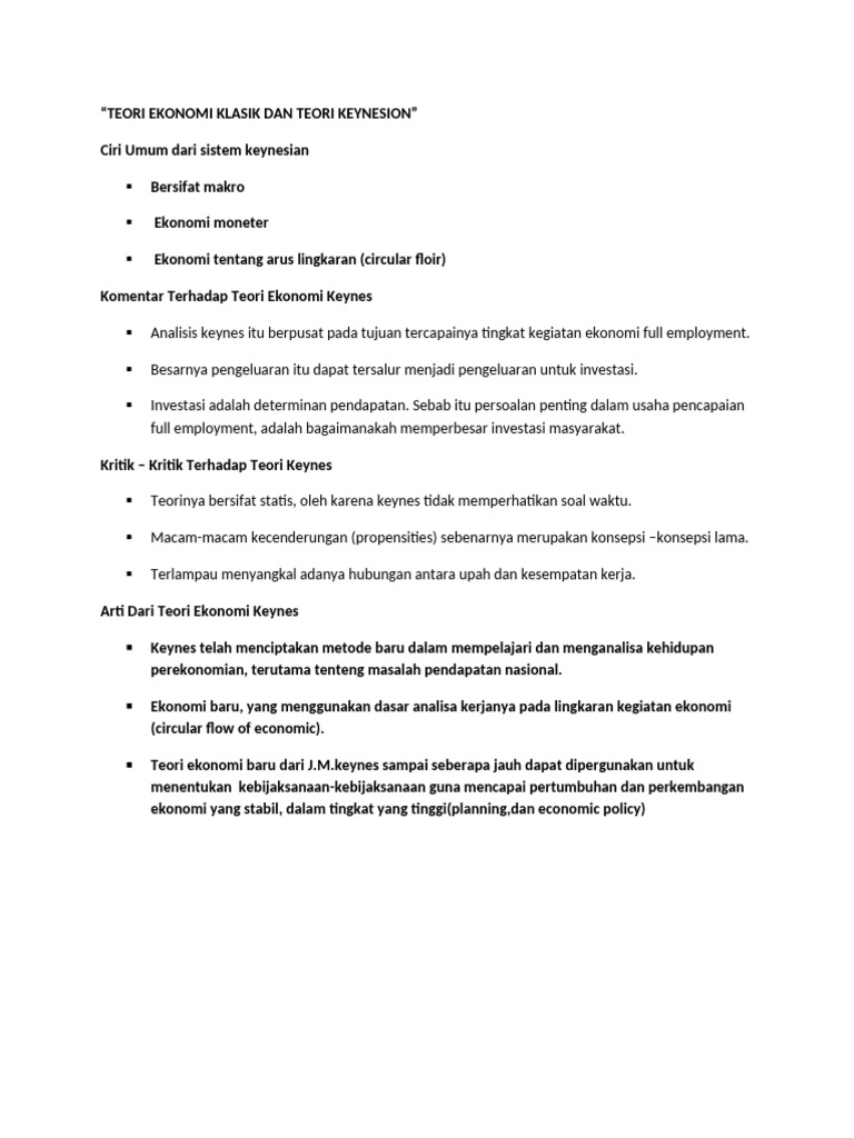 Teori Ekonomi Klasik Dan Teori Keynesion | PDF | Pengelolaan Keuangan ...