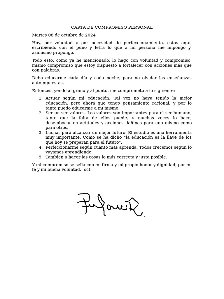 Carta de Compromiso Personal | PDF | Crecimiento personal y profesional ...