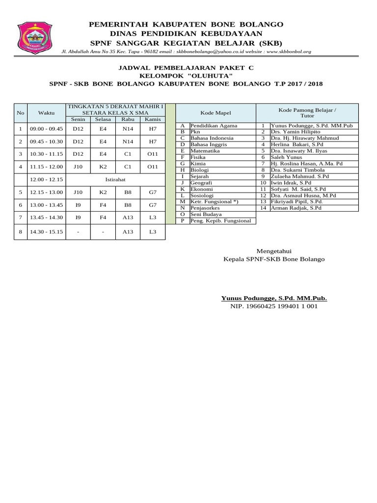 Jadwal Pelajaran Paket B Dan C 2019 | PDF