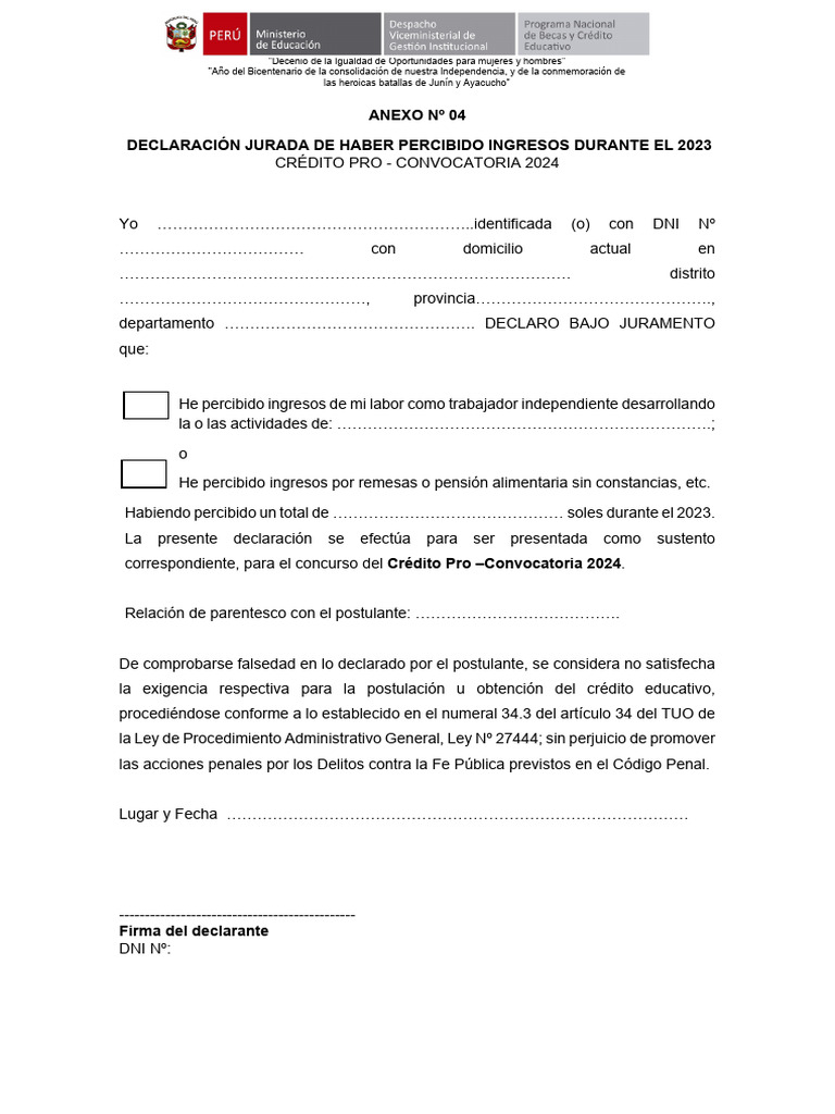 Declaración Jurada de Ingresos 2023 | PDF | Derecho