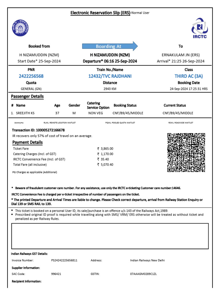 12432/TVC RAJDHANI Third Ac (3A) | PDF | Identity Document | Payments