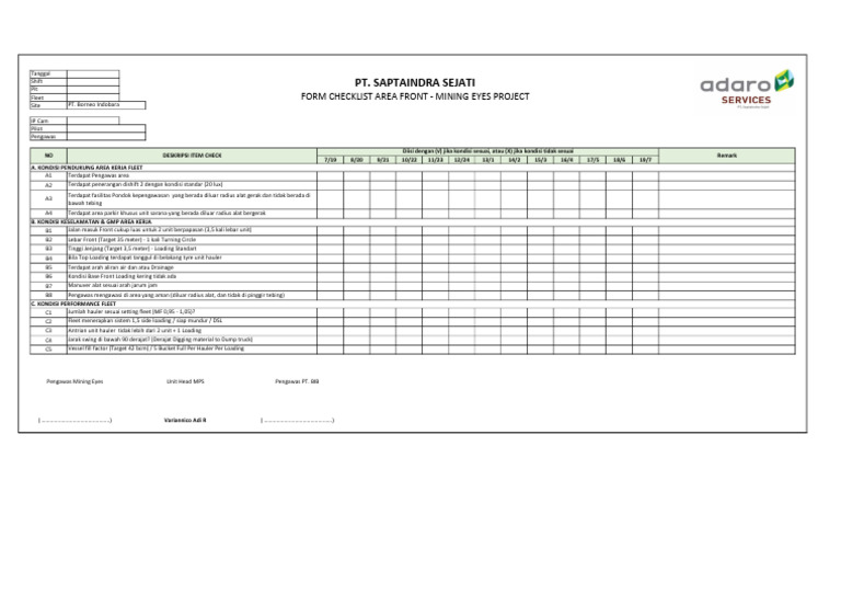 Checklist Keamanan dan Kinerja Fleet Mining | PDF
