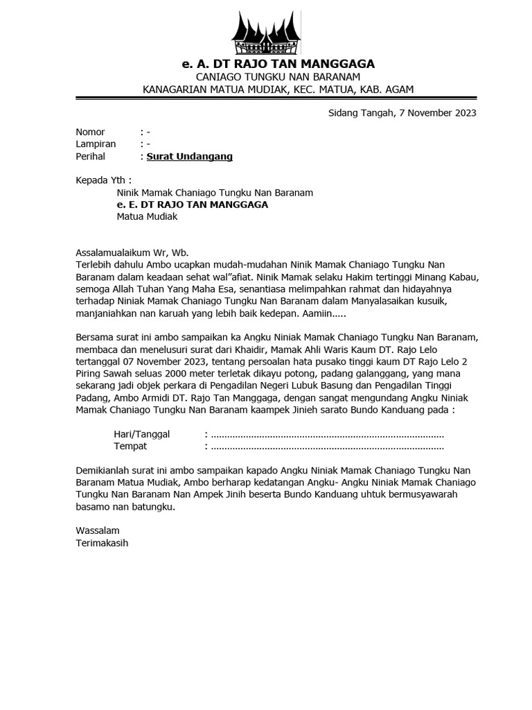 Surat Undangan Rapek Mamak Tan Manggaga | PDF