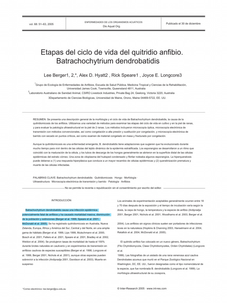 Etapas Del Ciclo de Vida Del Quitridio Anfibio. Batrachochytrium ...
